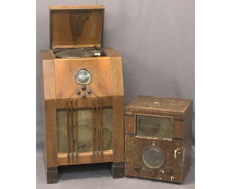 VINTAGE WALNUT CASED VALVE RADIOS (2) - both having Bakelite knobs, the larger radio dial marked 'R A P' British made, 88cms 