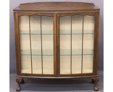 VINTAGE OAK TWO DOOR CHINA DISPLAY CABINET - with interior glass shelves on ball and claw supports, 131cms H, 120cms W, 35cms