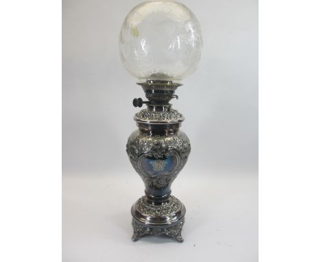 WALKER &amp; HALL SILVER PLATED OIL LAMP - with etched globular shade, 57cms overall H with Evered &amp; Co wick adjustors an