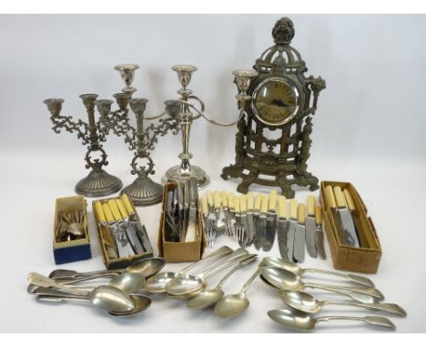 FRENCH STYLE CAST MANTEL CLOCK, pair of candelabra and one other and a loose quantity of EPNS and other cutlery