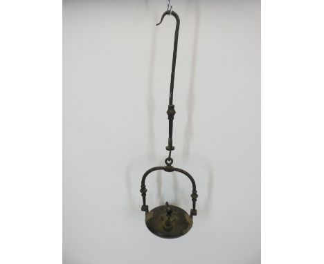 FRENCH MINER'S WHALE OIL LAMP - in cast iron and brass, 19th century with rooster screw finial to a circular font (repairs)