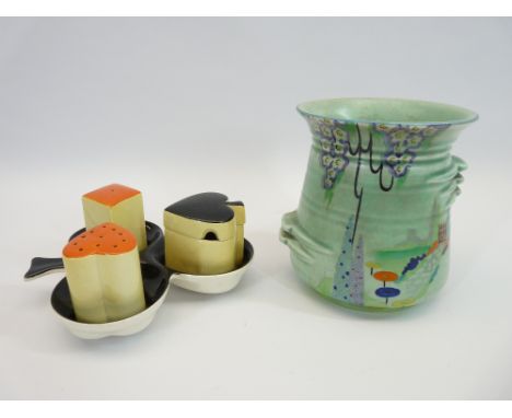 CIRCA 1930s ART DECO CARLTONWARE, 2 ITEMS including a ribbed vase, Garden Gate pattern, 11.5cms H and a four piece cruet set 