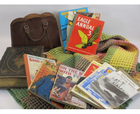 WAFFLE BLANKETS, vintage leather holdall, old family bible (1874) and a quantity of old children's annuals, ETC