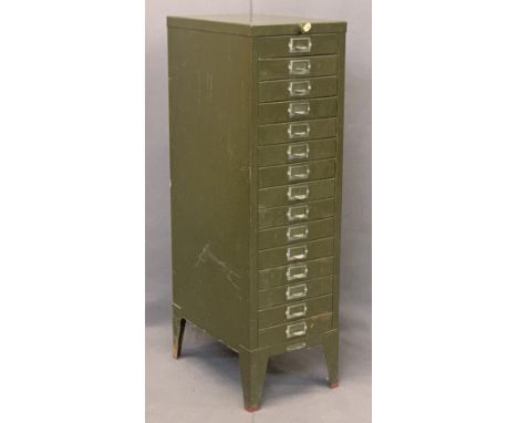 VINTAGE GREEN 15 DRAWER METAL DOCUMENT CABINET - locking with key on angled corner supports with Owen &amp; Randal applied la