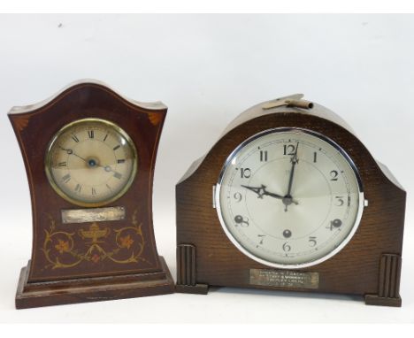 CIRCA 1910 &amp; LATER PRESENTATION MANTEL CLOCKS (2) including an inlaid mahogany example of waisted form presented to Mr J 