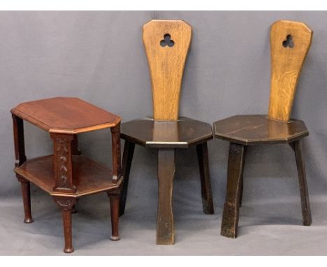 VINTAGE OAK SPINNER'S CHAIRS, A PAIR and a shaped mahogany two-tier occasional table, the chairs having open clover leaf deta