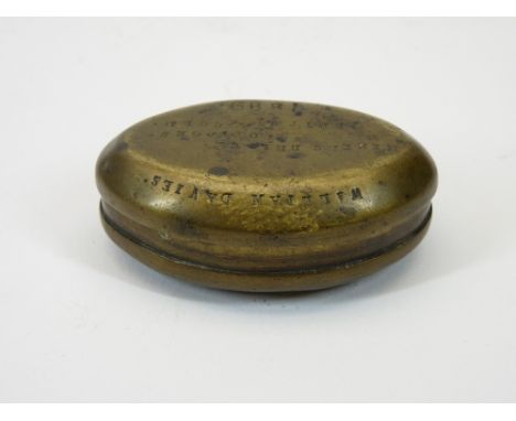 TRADITIONAL WELSH BRASS MINER'S SNUFF BOX - stamped 'William Davies', miner's bridge cottages Bettws y Coed 1889, oval format