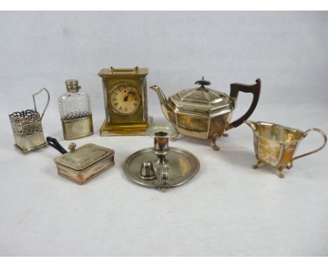 MIXED EPNS COLLECTABLES to include a vintage carriage clock, hip flask, chamber stick, teapot and milk jug, ETC