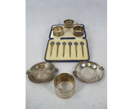 SMALL SILVER, 6 ITEMS and a cased set of George IV 1937 Coronation toothpicks, the small silver includes two circular Walker 