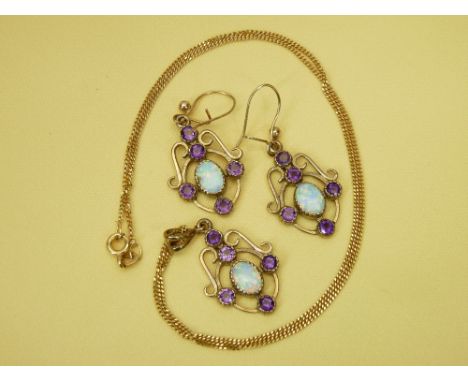 9CT GOLD OPAL &amp; AMETHYST MOUNTED NECKLACE &amp; EARRING SET - 8.2grms gross, 23cms L the necklace and pendant, 2.5cms L t