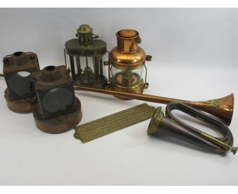 VINTAGE LANTERNS &amp; LAMPS, copper bugle, two hunting horns and a novelty plaque