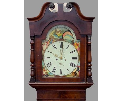 CIRCA 1840 MAHOGANY LONG CASE CLOCK - the dial marked 'S Clarke Sandsley', arched top moon face dial with painted spandrels d