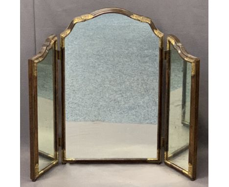 VINTAGE WALNUT &amp; GILT HIGHLIGHTED TRIPLE DRESSING MIRROR - 75.5cms H, 100cms approx overall W