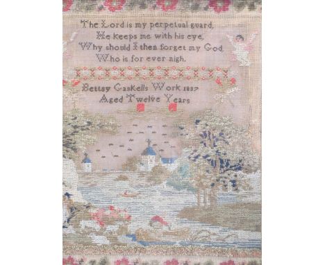 VICTORIAN NEEDLEWORK SAMPLER - titled 'Bettsy Gaskells Work 1837 Aged 12 years' with verse depicting a harbour scene with bir