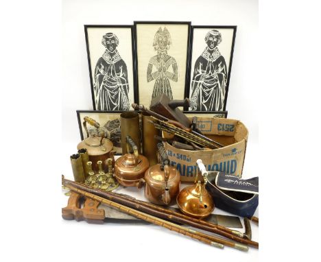 BRASS TRENCH ART, COPPER KETTLES, vintage tools, fire irons, sticks, ETC