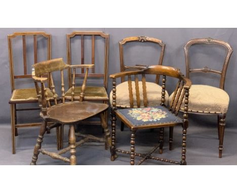 VICTORIAN &amp; EDWARDIAN PARLOUR CHAIRS (4) and two vintage armchairs including a bobbin turned corner chair with tapestry u