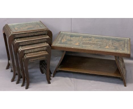 CHINESE DEEP CARVED HARDWOOD TABLES to include a shaped end coffee table with glass inset to the top and under-tier shelf, 44