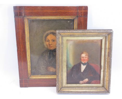A NAIVE 19TH CENTURY PORTRAIT OF A LADY wearing a bonnet and shawl, in an unusual inlaid oak frame with an overpainted photog