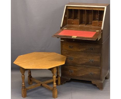NEAT REPRODUCTION MAHOGANY FALL-FRONT BUREAU - having a red gilt tooled leather interior writing surface with an arrangement 