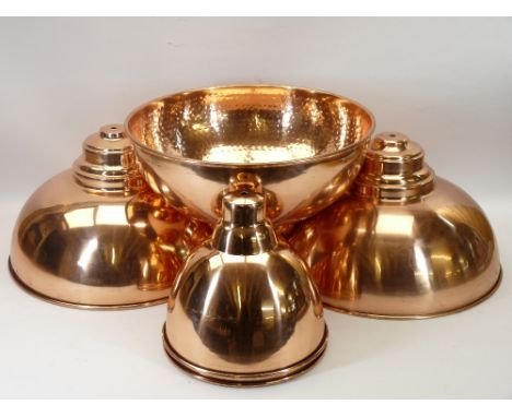 LIGHTING - designer type, copper lampshades, a set of three, 38cms diameter and a pair 22cms diameter