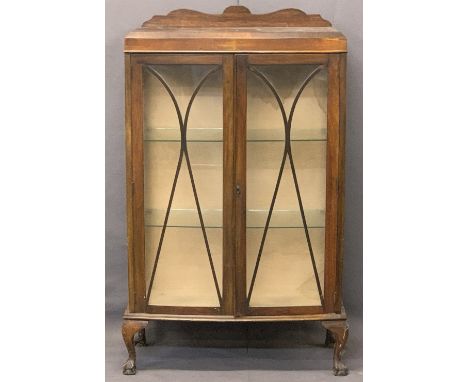 VINTAGE MAHOGANY TWO DOOR RAILBACK CHINA DISPLAY CABINET - with interior glass shelves, on ball and claw supports, 128.5cms H