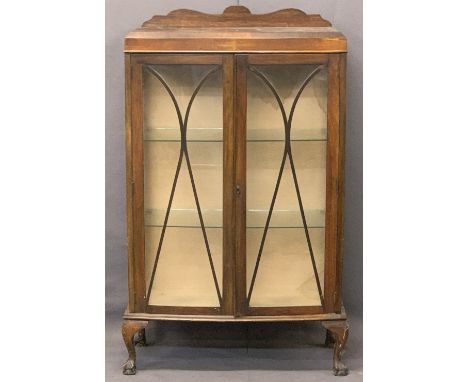 VINTAGE MAHOGANY TWO DOOR RAILBACK CHINA DISPLAY CABINET - with interior glass shelves, on ball and claw supports, 128.5cms H