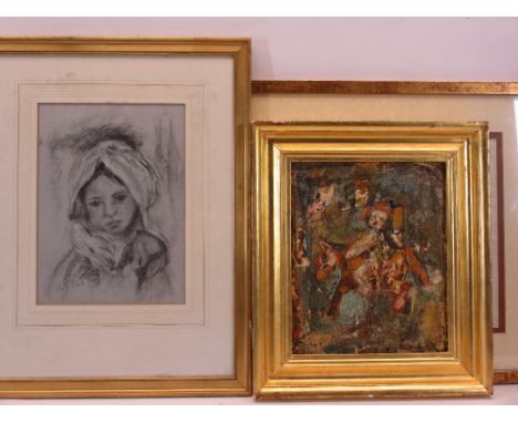 SUSAN LIGHT oil on gesso and bole - titled 'Horsey' 1985 in gilt frame, 28.5 x 23cms, indistinctly signed Continental School 