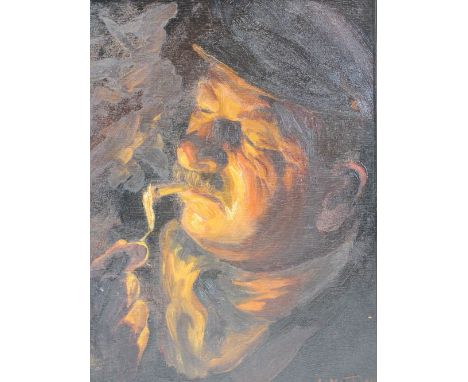 LOUIS MONTAIGU oil on board - portrait of a man lighting a cigarette at night, signed lower right, purchase inscription verso
