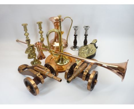 BRASS &amp; COPPER - candleholders, decorative cannons, a hunting horn, a bugle, bellows, ETC