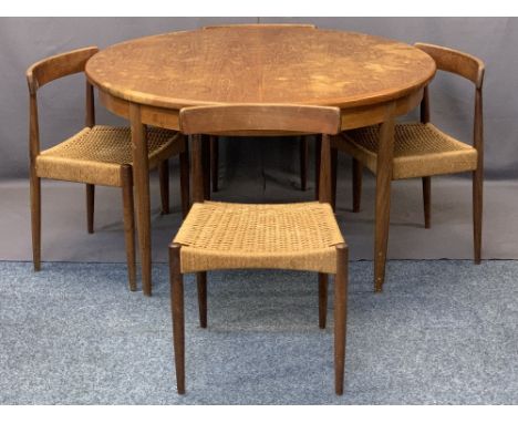 MOGENS KOLD TEAK DINING CHAIRS (4) and a G Plan teak circular extending dining table, the chairs having curved backs with wov