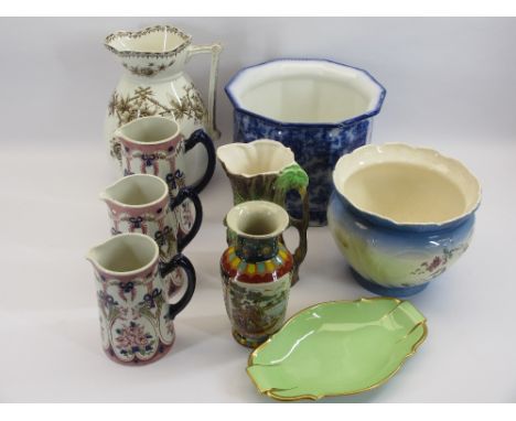 S JOHNSON BURSLEM JUGS, A GRADUATED TRIO - 20cms the tallest, a wash jug, Carltonware dish, Losolware, planter, Eastgate Irun