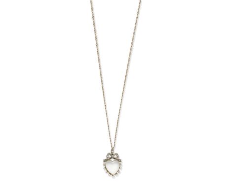 ROCK CRYSTAL, DIAMOND AND SEED PEARL PENDANT/NECKLACEThe heart-shaped rock crystal within a seed pearl frame, suspended from 