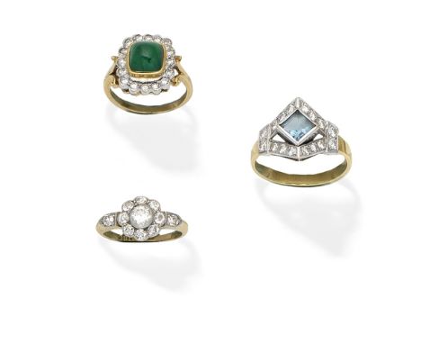 THREE DIAMOND AND GEM-SET RINGS1st: The floral cluster set with old-brilliant-cut diamonds, 2nd: Of geometric design, central