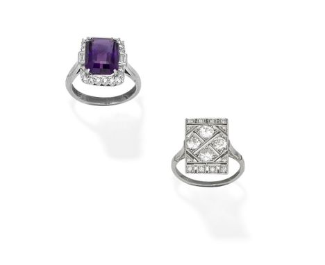 AMETHYST AND DIAMOND RING AND A DIAMOND PLAQUE RING1st: Set with a rectangular-cut amethyst within a brilliant and baguette-c