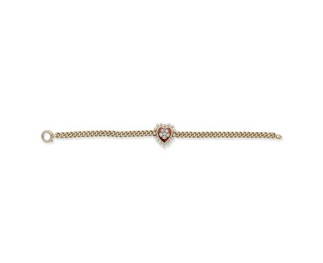 ENAMEL, DIAMOND AND SEED PEARL BRACELETThe heart-shaped plaque decorated with red and white enamel, within a seed pearl frame