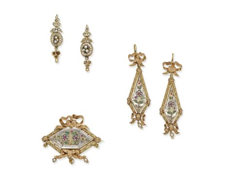 TWO PAIRS OF GEM-SET PENDENT EARRINGS AND BROOCH, MID 19TH CENTURY1st: Each scrolling bow surmount suspending a kite-shaped r