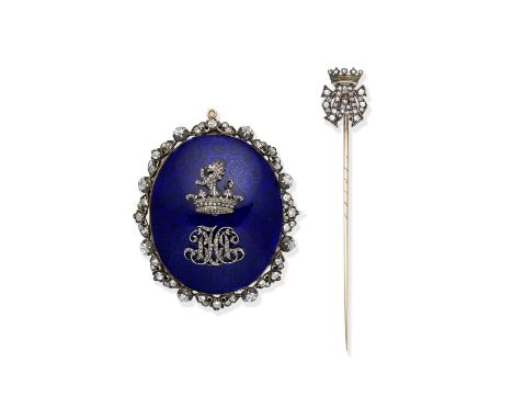 ENAMEL AND DIAMOND PENDANT/BROOCH AND PIN, CIRCA 19001st: The blue enamel ground with applied coronet, rampant lion and initi