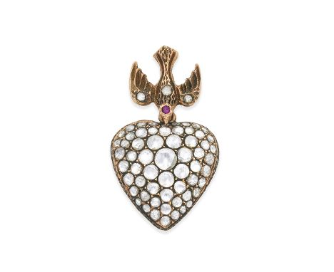 DIAMOND AND RUBY-SET PENDANT, circa 1890The bombé heart pavé-set with rose-cut diamonds, suspended from a Saint Esprit dove-s