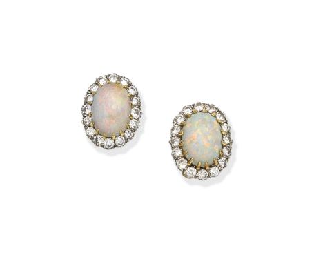 OPAL AND DIAMOND CLUSTER EARRINGSEach set with an opal cabochon, within a brilliant-cut diamond surround, diamonds approx. 1.