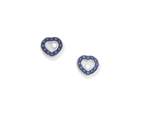 CHOPARD: 'HAPPY DIAMONDS' SAPPHIRE AND DIAMOND EARSTUDSThe glazed heart-shape case holding a brilliant-cut diamond, within a 