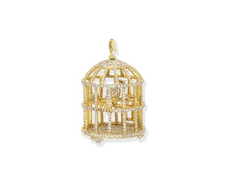DIAMOND-SET BIRD CAGE PENDANTThe brilliant-cut diamond cage, containing a similarly-set diamond bird with circular-cut ruby e