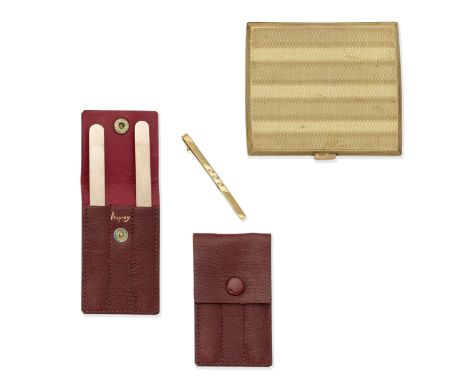 GOLD CIGARETTE CASE, TIE CLASP AND TWO COLLAR STIFFENERS1st: The 9 carat gold case of engine-turned finish, 2nd: The 18 carat