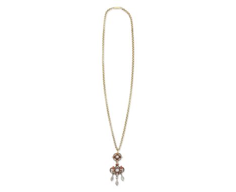 RETAILED BY GARRARD: ENAMEL AND DIAMOND-SET PENDANT/NECKLACE, CIRCA 1820The pendant of openwork, scrolling design, set with o