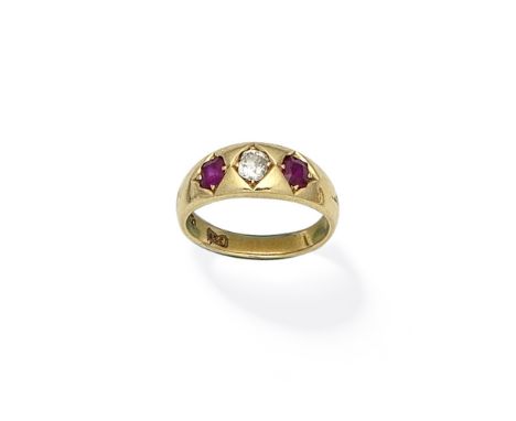 RUBY AND DIAMOND THREE-STONE RINGThe cushion-shaped diamond, between two cushion-shaped rubies,  ring size approx. M½For furt