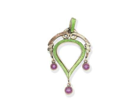 CHILD &amp; CHILD: ENAMEL, ROCK CRYSTAL AND RUBY PENDANT, CIRCA 1900The pear-shaped rock crystal within a frame decorated wit