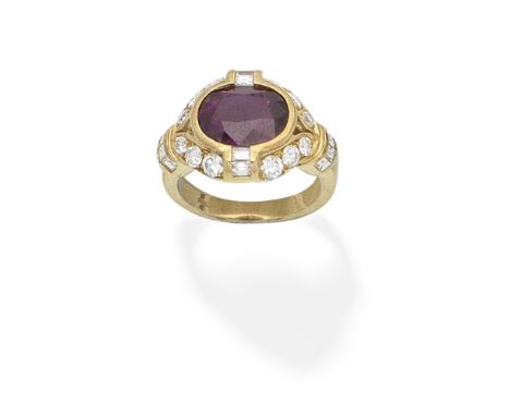 RUBY AND DIAMOND RINGThe oval-cut ruby within a step and brilliant-cut diamond  surround and shoulders, diamonds approx. 0.95