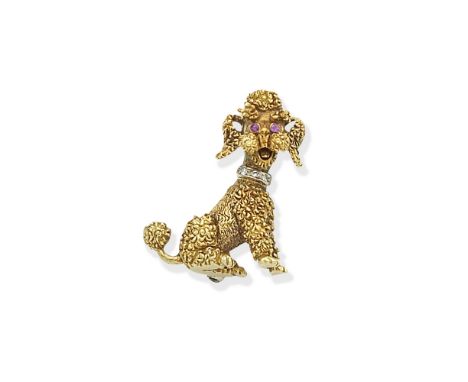 POODLE BROOCH, 1972With circular-cut ruby set eyes, and a single-cut diamond set collar, mounted in 18 white and yellow gold,