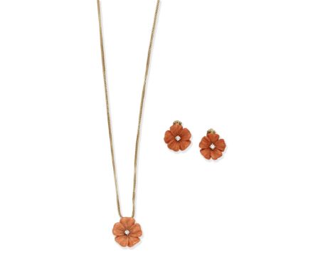 ENAMEL AND DIAMOND EARLCIPS, BY FABERGÉ, AND CORAL AND DIAMOND EARCLIP AND NECKLACE SUITE1st: Decorated with blue guilloche e