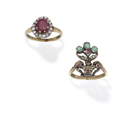 TWO GEM-SET RINGS1st: The oval-cut ruby within a single-cut diamond surround, 2nd: Designed as a flowering pot, set with step