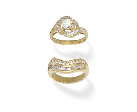 DIAMOND RING AND DIAMOND HALF-ETERNITY RING1st: Of openwork cluster design, the central brilliant-cut diamond within a baguet